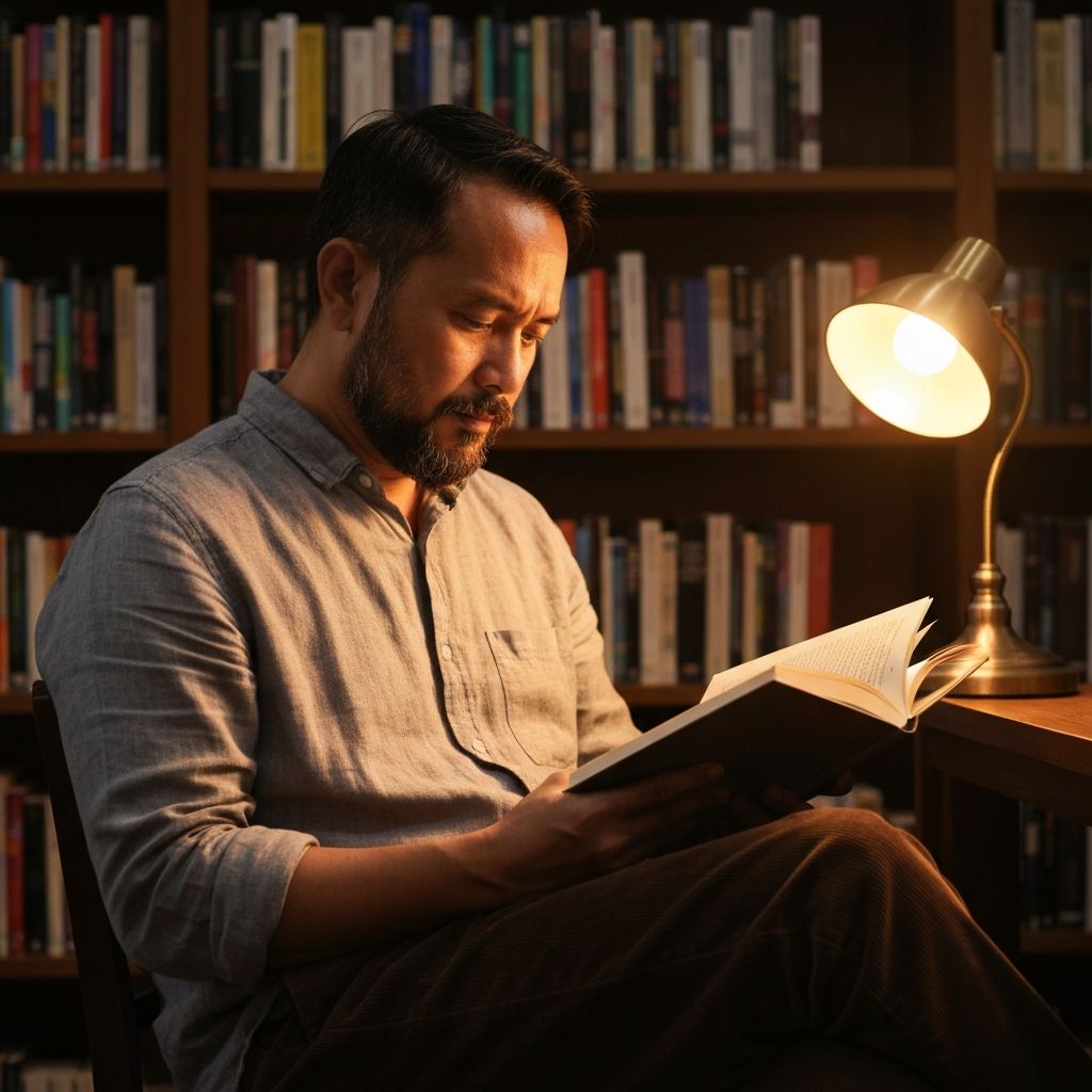 Pria matang membaca buku di perpustakaan