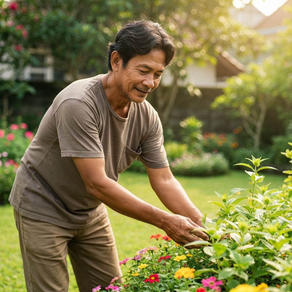 Pria matang aktif berkebun di luar ruangan